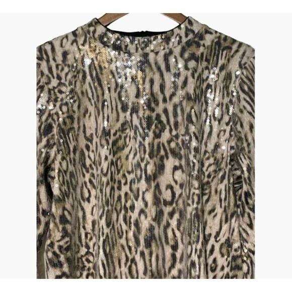 Chico's Cheetah Print Sequin Mock Long Sleeve Sparkle Top Women's Size Small Chi - Picture 4 of 7